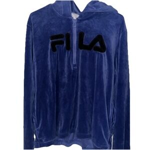 FILA Velour Quarter Zip Hoodie Sweatshirt Womens XL Blue Spell Out Jogger Top